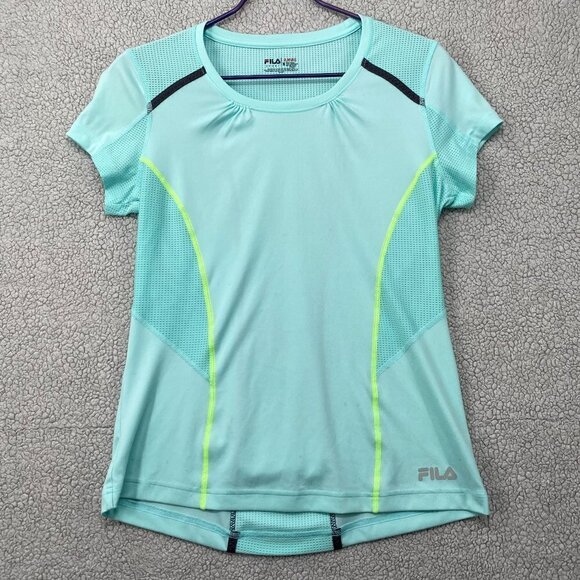 Fila Shirt Women's Size Medium Short Sleeved Green Yellow Exercise Yoga Running - Picture 1 of 13